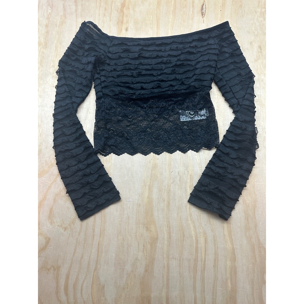 Edikted Black Ruffle Off The Shoulder Lace Crop Top Long‎ Sleeve Size L